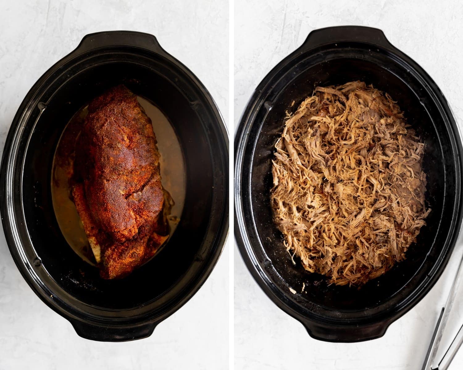 pork butt in the slow cooker and pulled pork in the ceramic dish