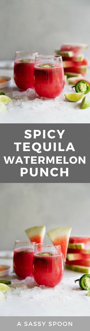 Spicy Tequila Watermelon Punch. Fresh cubed watermelon blended with tequila, lime juice, and sliced jalapeños in chili salt rimmed glasses. Refreshing drink for a hot day!