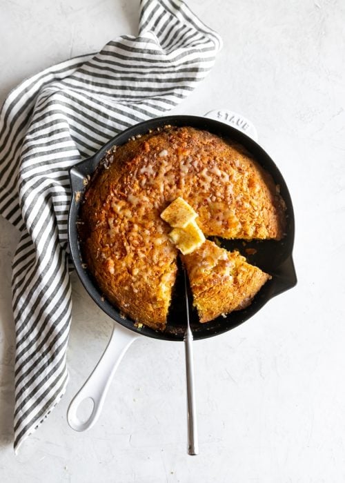 cast iron pan with sweet and spicy honey cornbread