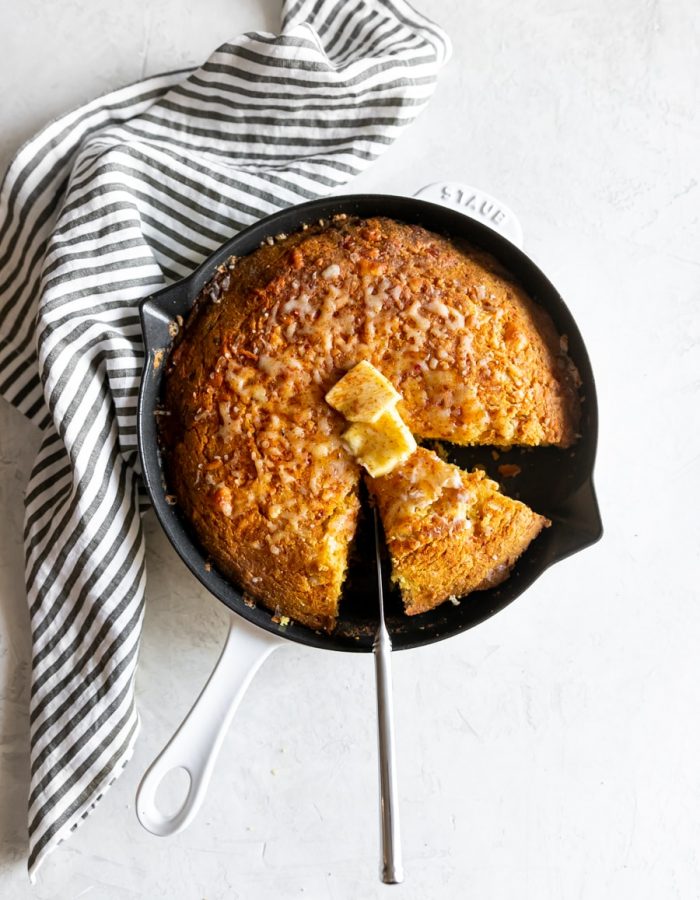 cast iron pan with sweet and spicy honey cornbread