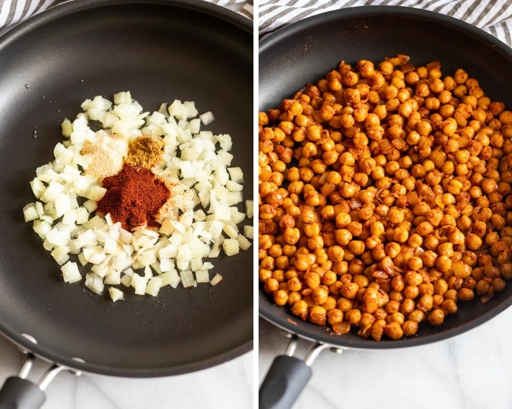 collage of onions and spices in a skillet and chipotle chickpeas in skillet