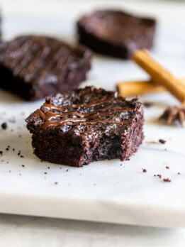 a vegan brownie on a marble slab